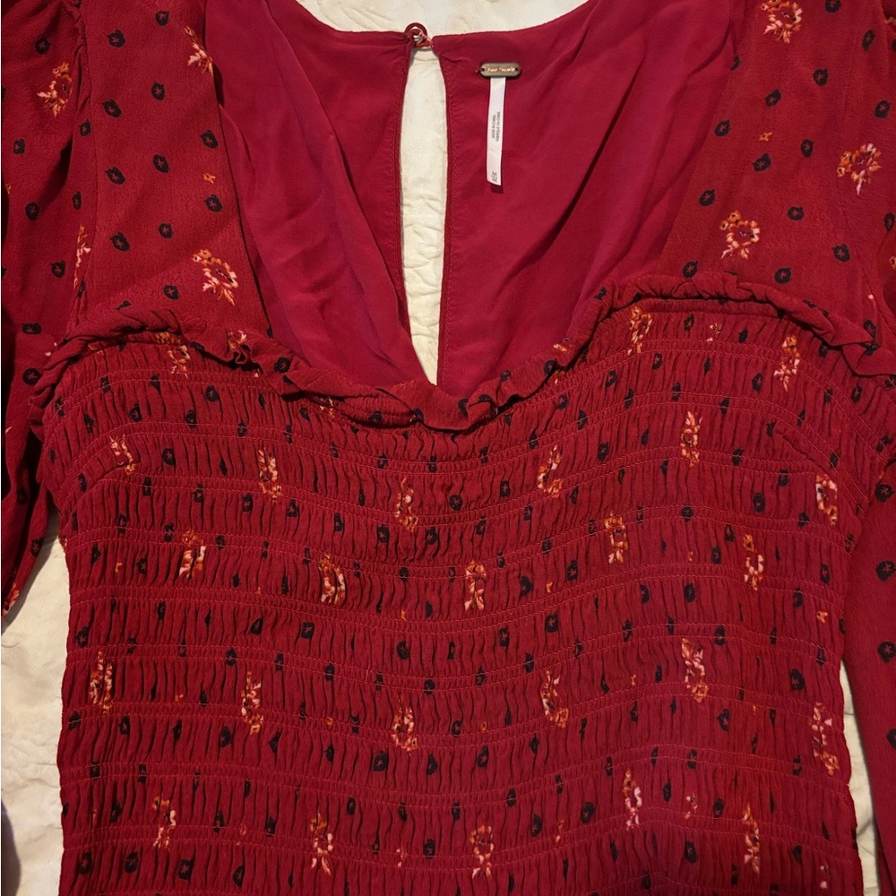 Free People Burgundy Red  Floral Smocked Long Sleeve Dress - Picture 4 of 9